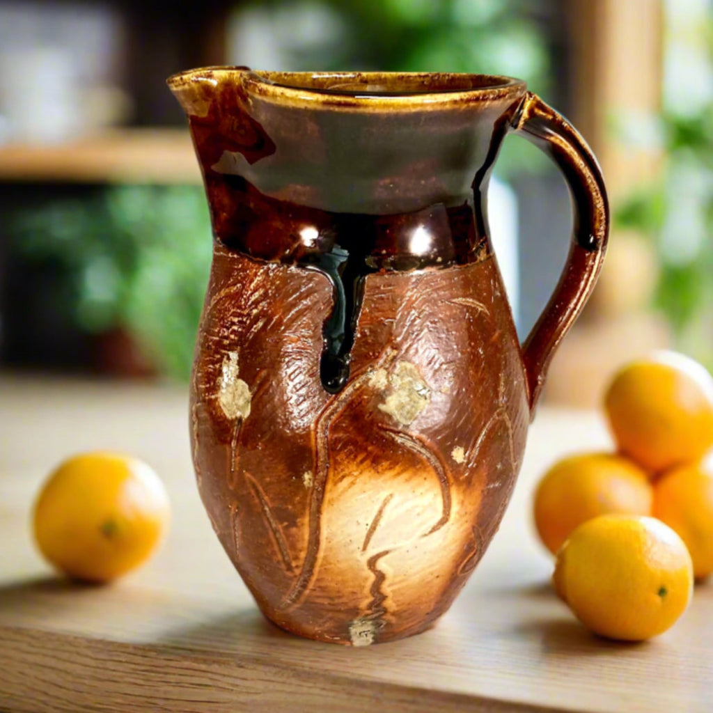 Handcrafted amber and chocolate brown wood-fired stoneware pitcher with pouring spout and handle on a counter top with oranges and plants in the background.
