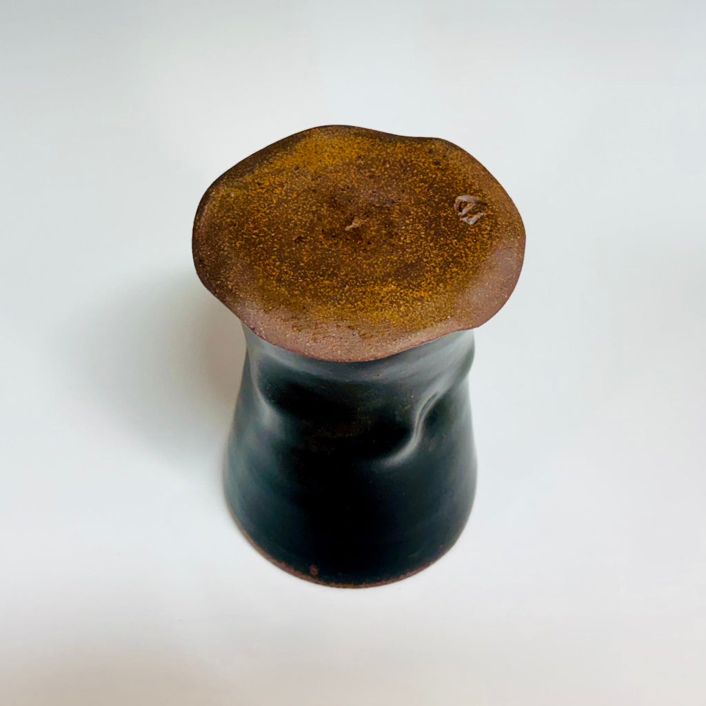 A stunning cup with Tenmoku glaze that creates a rich, shiny dark brown finish.