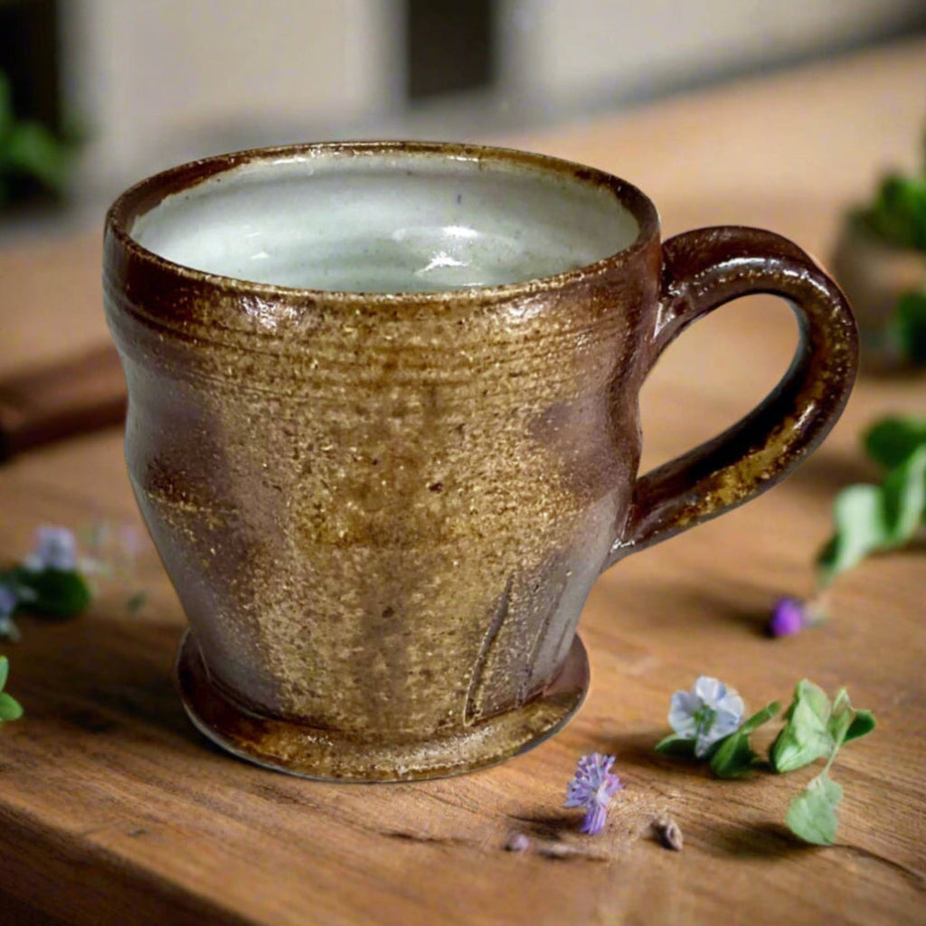 Handcrafted wood-fired brown stoneware mug with white interior and curved handle from Danbury pottery on counter top surrounded by little flowers.