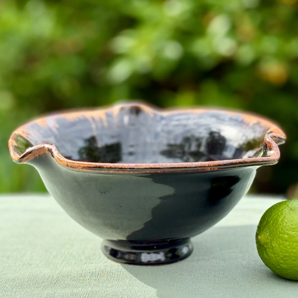 dark brown/black pottery bowl with high shine glaze and a amber rims and drips on a green cloth and greenery in the background. 