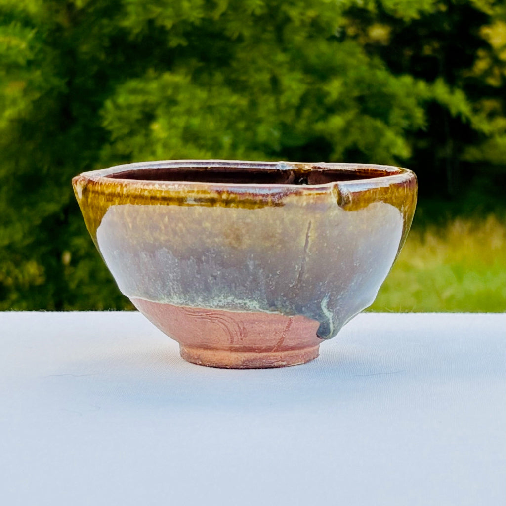 Stoneware bowl with a gradient finish on a white surface with a blurred green outdoor background