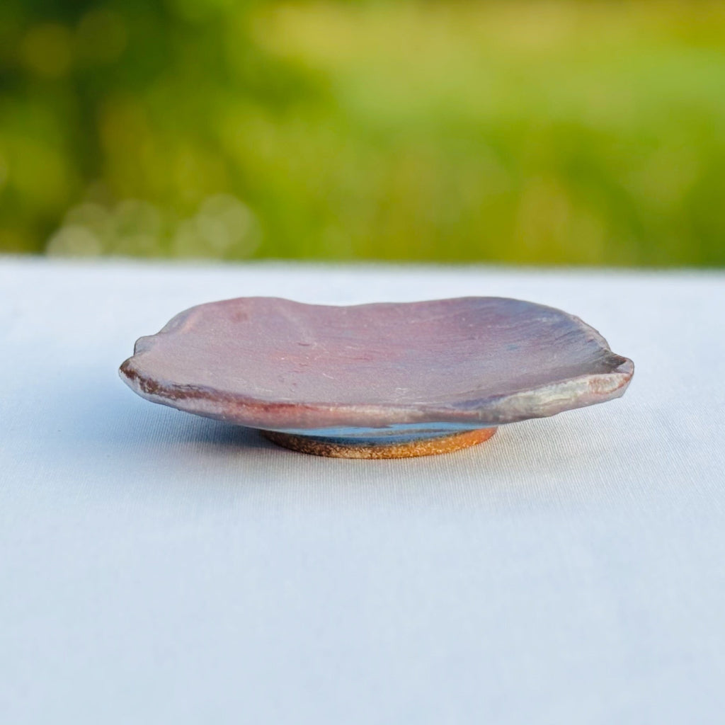 Organic shaped ceramic soap dish and with a raised functional shape and a small foot